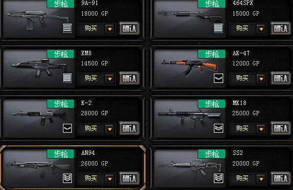 武器購買界面示意圖